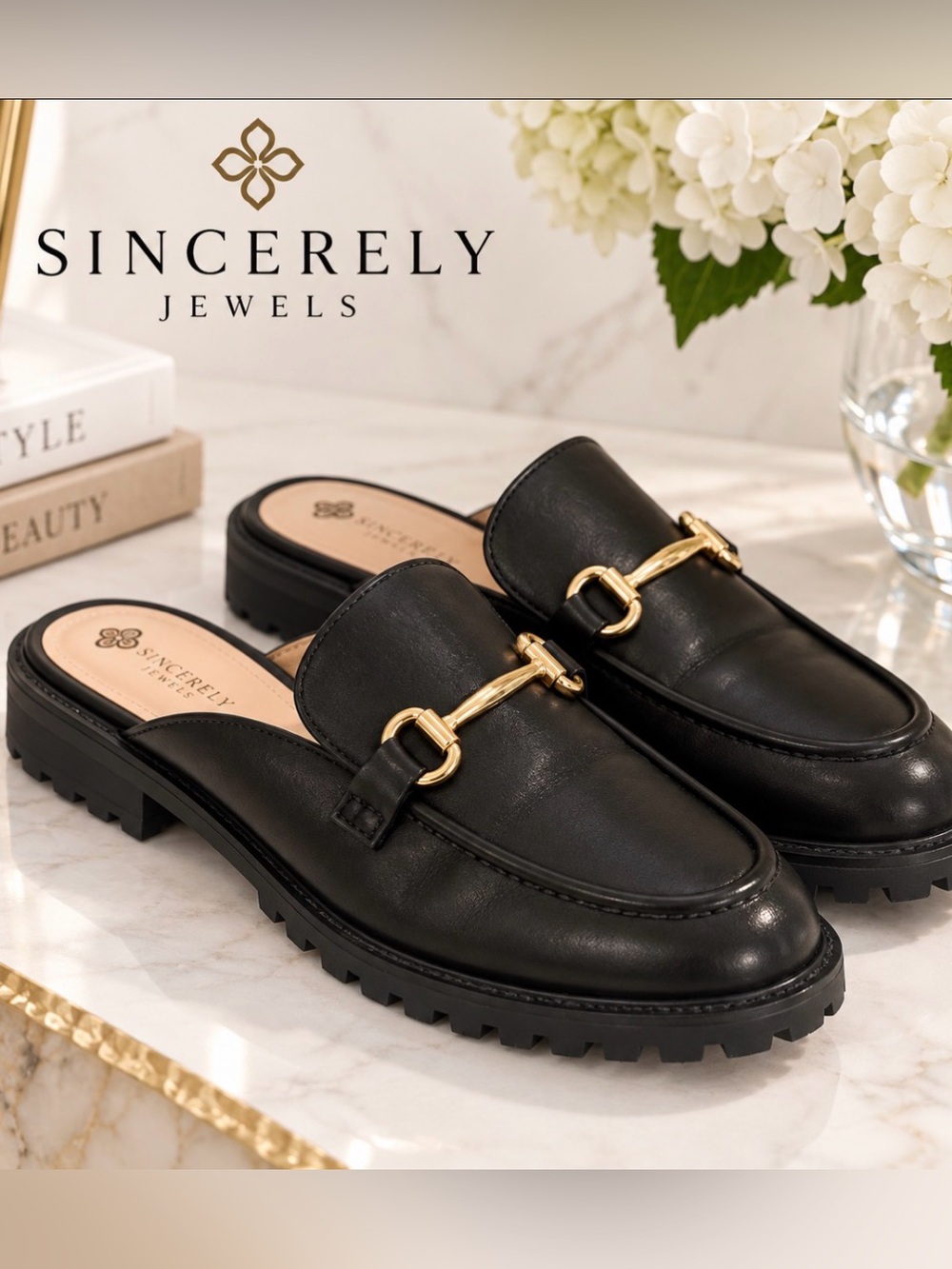Sincerely Jules Black Horsebit Mule Loafers Lug Sole Chic 8.5